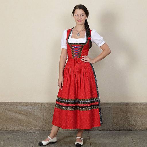 Photograph of a smiling woman with dark hair in a braid, wearing a red dirndl dress with black lace trim, white blouse, and white