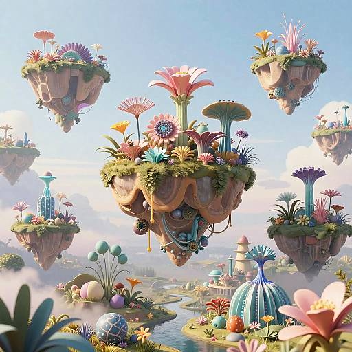 Whimsical CGI scene: colorful floating gardens with vibrant flowers, oversized mushrooms, and geometric spheres suspended in a bright, clear sky.