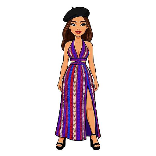 Digital illustration of a stylish woman with long brown hair, red lipstick, wearing a black beret, blue and purple striped dress with a high slit,