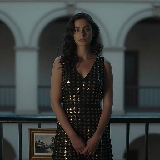 Elegant Woman on a Dimly Lit Balcony