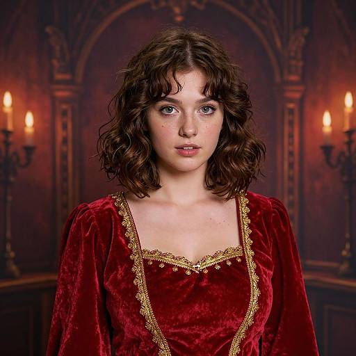 Photograph of a young woman with curly brown hair, fair skin, blue eyes, wearing a red velvet dress with gold trim, in a dimly