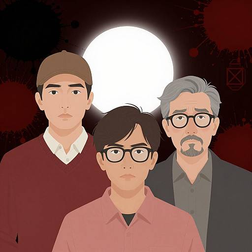 Three Men with Distinct Expressions and Symbol