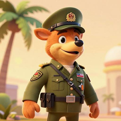 CGI cartoon of an anthropomorphic fox in a green police uniform with a badge, palm trees in the sunny background.