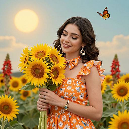 Woman with Vibrant Sunflowers and Butterflies