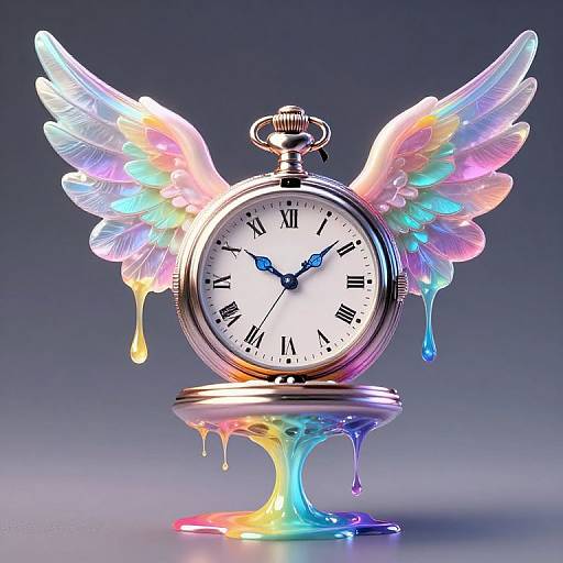 Digital artwork of a glowing, rainbow-winged pocket watch with dripping, multicolored liquid, set against a gradient blue background.