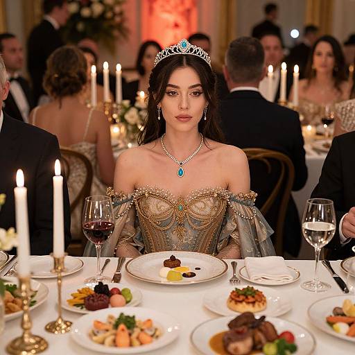 Photograph of a beautiful woman with dark hair, wearing a gold and blue off-shoulder gown, tiara, and necklace, seated at a