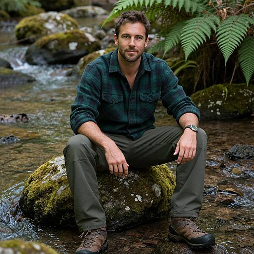 Photograph of a bearded man with short brown hair, wearing a dark green plaid shirt, gray pants, and brown boots, sitting on a