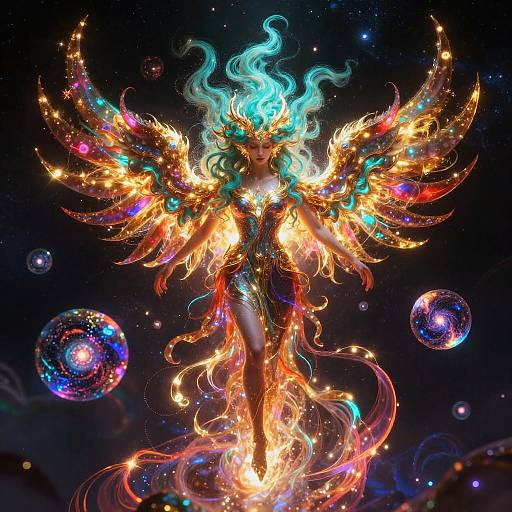 Digital art of a glowing, ethereal winged figure with vibrant, multicolored flames, blue firehair, surrounded by floating, luminous planets