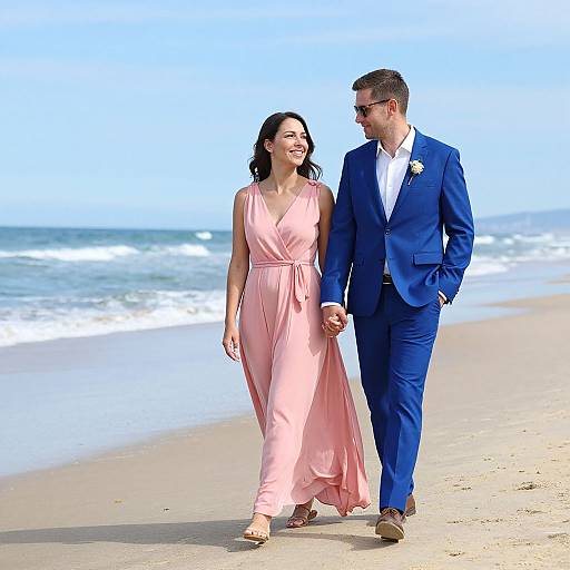 Photograph of a couple walking on a sunny beach; she wears a pink, sleeveless, floor-length dress, he dons a blue suit with