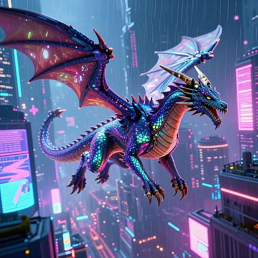 Digital artwork of a vibrant, purple-blue dragon with glowing scales soaring through a neon-lit, futuristic cityscape during a rainstorm.