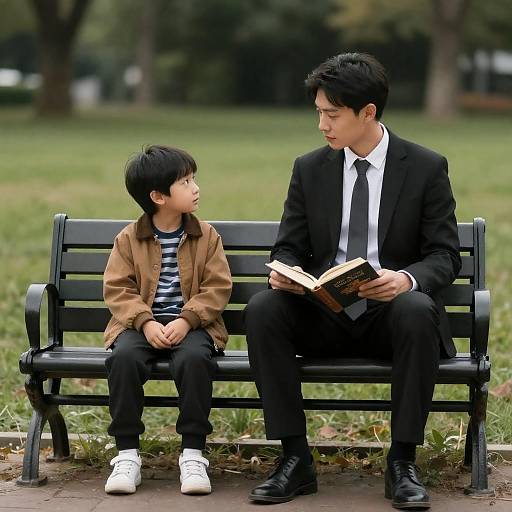 Man and Boy Sitting on Park Bench