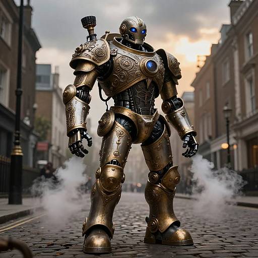 Photorealistic CGI of a golden, ornate robotic warrior with blue eyes, standing on a foggy, cobblestone street in a Victorian-style