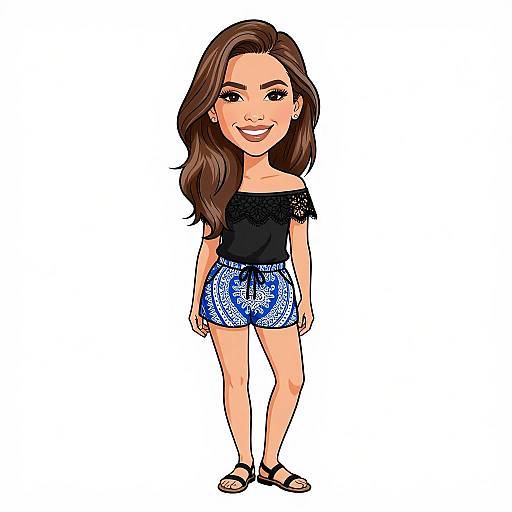 Cartoon-style digital drawing of a smiling young woman with long brown hair, wearing a black off-shoulder top and blue patterned shorts, standing