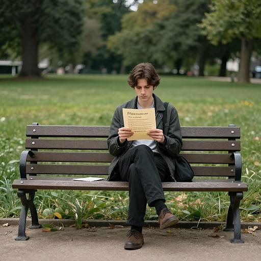 Photograph of a young man with dark curly hair, wearing a black jacket and pants, sitting on a wooden bench in a park, reading a yellow