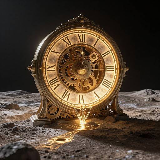 Photograph of a glowing, intricate, steampunk-style clock with Roman numerals, gears, and golden lights, standing on a rocky, moon