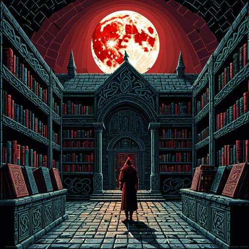 Mysterious Library with Red Moon
