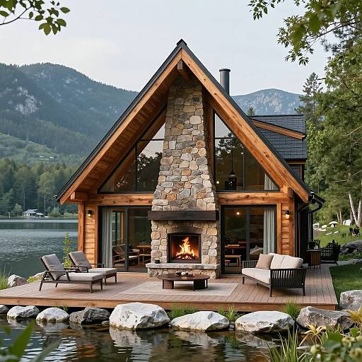 Photograph of a rustic wooden cabin with a stone fireplace, overlooking a lake and forest, featuring outdoor patio furniture and a roaring fire.