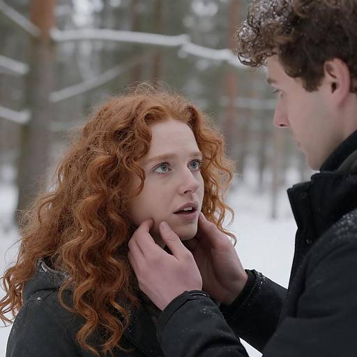 Couple in Snowy Forest Intense Moment