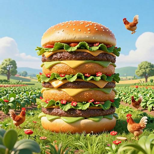CGI image of a towering burger with multiple beef patties, lettuce, cheese, and sesame bun in a vibrant farm field, with several chickens around