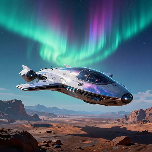 Digital artwork of a silver, futuristic spaceship with reflective surface, flying over a desert landscape with jagged mountains, under vibrant green and purple auroras in