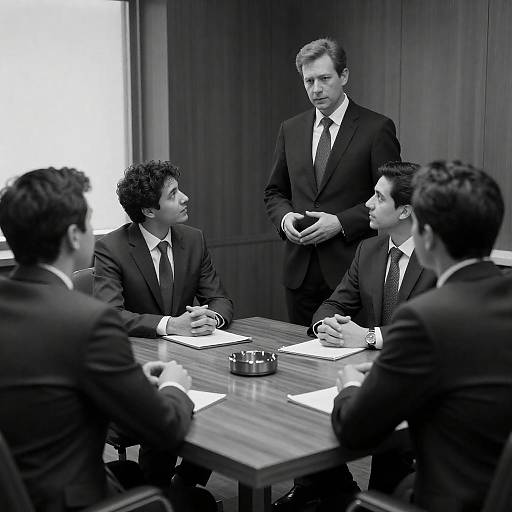 Formal Boardroom Discussion in Black-and-White Photograph