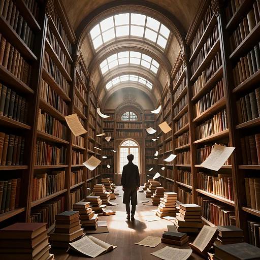 Photograph of a dimly lit, grand library with a silhouetted figure walking down aisles of tall bookshelves, scattered papers,