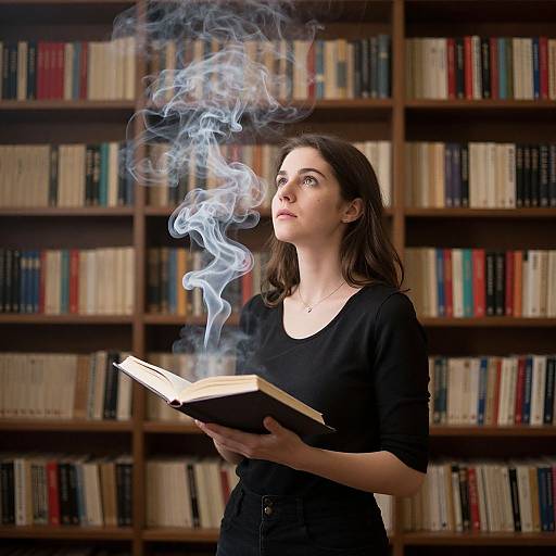 Photograph of a young woman with long brown hair, wearing a black shirt, standing in a library, holding a book emitting blue smoke, with shelves
