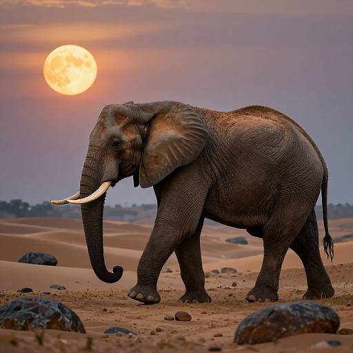 Photograph of a majestic African elephant with large white tusks standing in a desert at sunset, with a glowing full moon in the purple-tinged