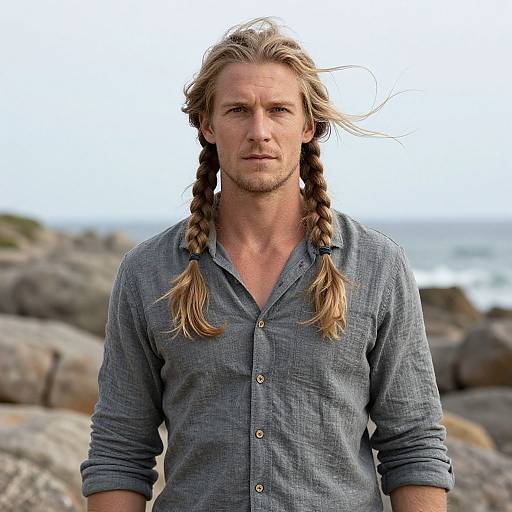 Photograph of a rugged, blonde-haired man with braided hair, wearing a gray button-up shirt, standing on a rocky beach.