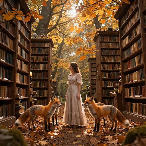 Photograph: Fair-skinned woman in white lace dress stands between two library aisles, surrounded by autumn leaves and two foxes. Sunlight filters
