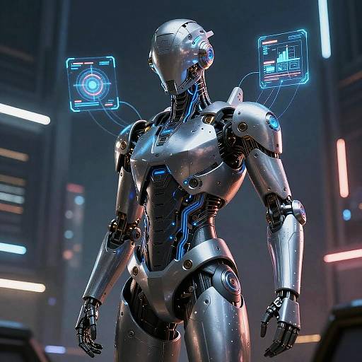 Photorealistic CGI of a sleek, silver humanoid robot with glowing blue holographic interfaces on its shoulders, standing in a futuristic, neon-lit environment
