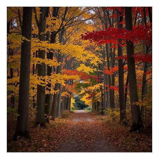 Photograph of a forest path lined with tall trees, showcasing vibrant autumn leaves in red, yellow, and orange hues, with fallen leaves covering the ground