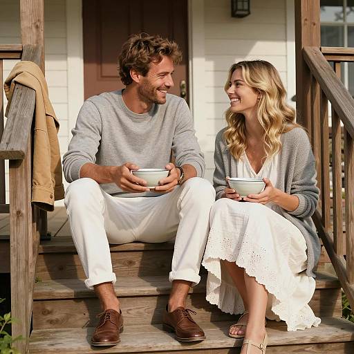 Couple Enjoying Morning Coffee on Porch Steps