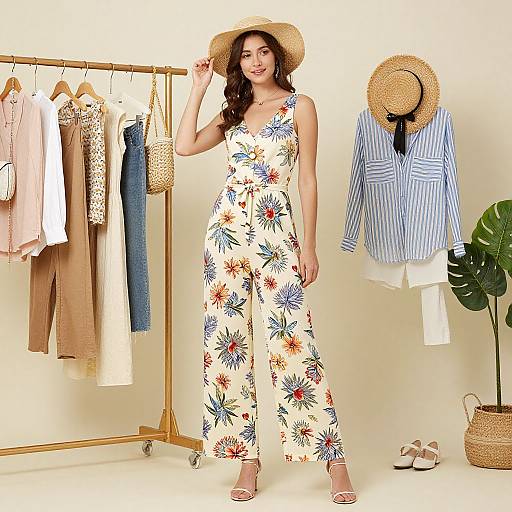 Photograph of a smiling woman in white floral jumpsuit, straw hat, standing beside a clothing rack and hat display.