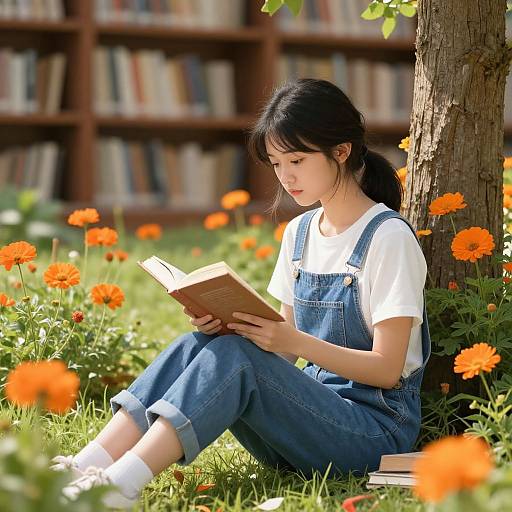 Young Asian woman in denim overalls and white shirt reads book under tree in sunlit garden with orange marigolds, bookshelf background.