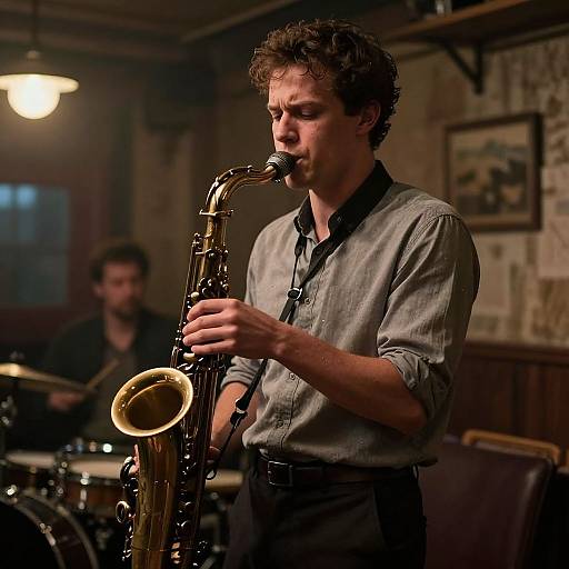 Photograph of a curly-haired man playing a saxophone on stage in a dimly lit, rustic bar, with a blurred drummer in the background.