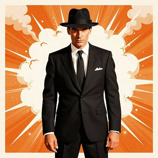 Vintage Noir Man in Black Suit and Fedora