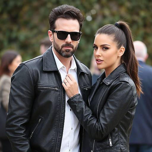 Photograph of a bearded man with dark sunglasses and a black leather jacket, standing beside a woman with a high ponytail, black leather jacket,