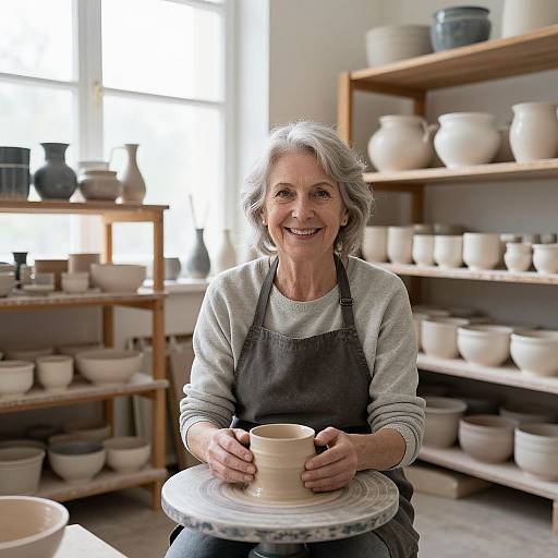 Photograph of a smiling elderly woman with gray hair, wearing a gray sweater and black apron, holding a clay pot on a pottery wheel in a