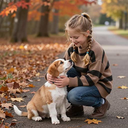 Autumn Delight: Girl with Puppy