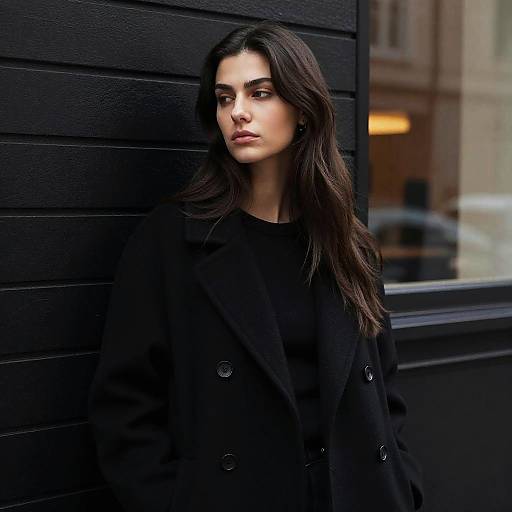 Photograph of a serious young woman with long dark hair, wearing a black coat, leaning against a black-paneled wall. Urban background with blurred buildings