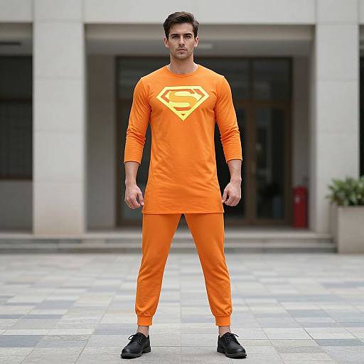 Photograph of a young man with short dark hair, wearing an orange Superman shirt and pants, black shoes, standing in front of a modern building with