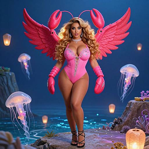 Digital artwork of a curvy, blonde woman with large pink angel wings and gloves, wearing a revealing pink bodysuit, standing in an underwater scene
