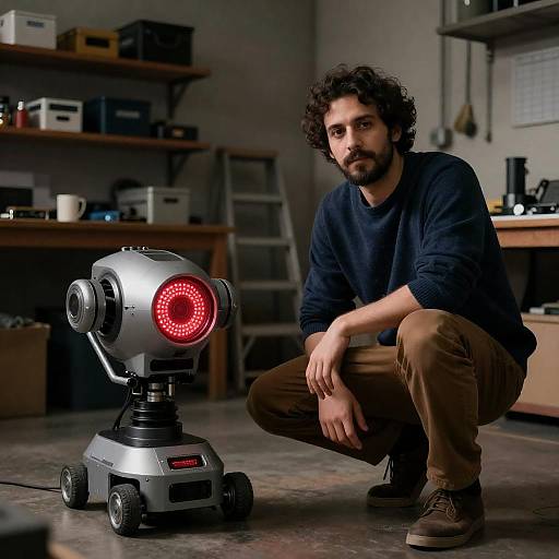 Crouching Man Beside Futuristic Robot