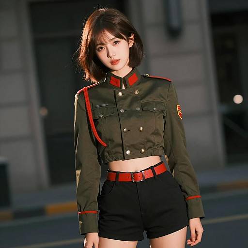 Confident Woman in Military-Style Fashion