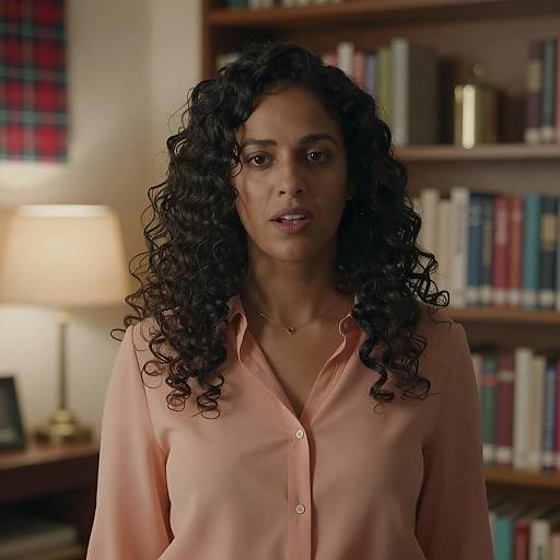 Woman with Curly Hair in Library