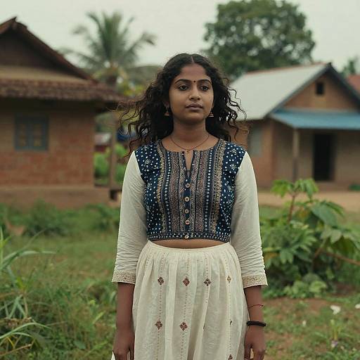 Photograph of a young South Asian woman with dark curly hair, wearing a white and navy embroidered blouse and skirt, standing in front of rustic brick houses