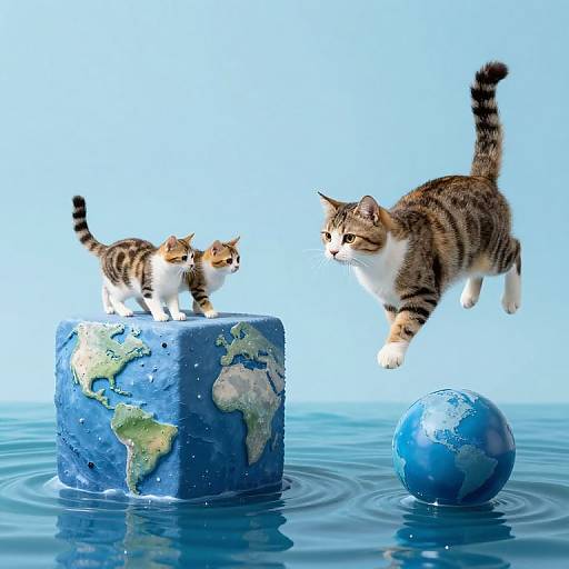 Photograph of two tabby kittens, one standing on a blue globe with continents, the other mid-jump towards a floating blue Earth, on a