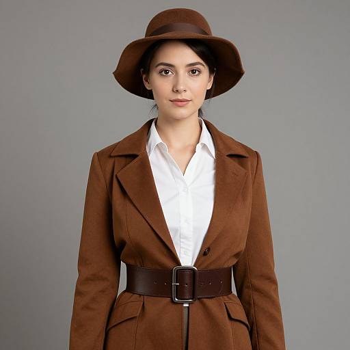 Photograph of a young woman with fair skin and dark hair, wearing a brown hat, brown wool coat with white shirt, and black belt, set