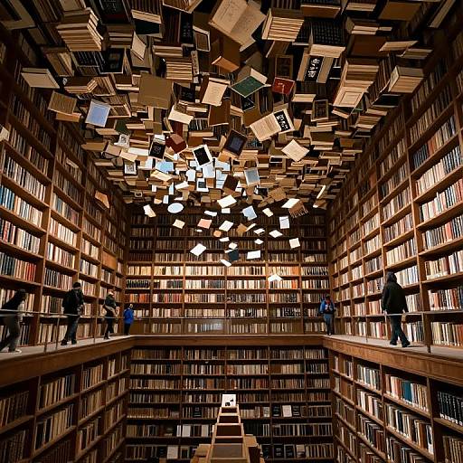 Photograph of a grand library with towering bookshelves, floating books overhead, and people browsing on two levels. Warm, dim lighting.